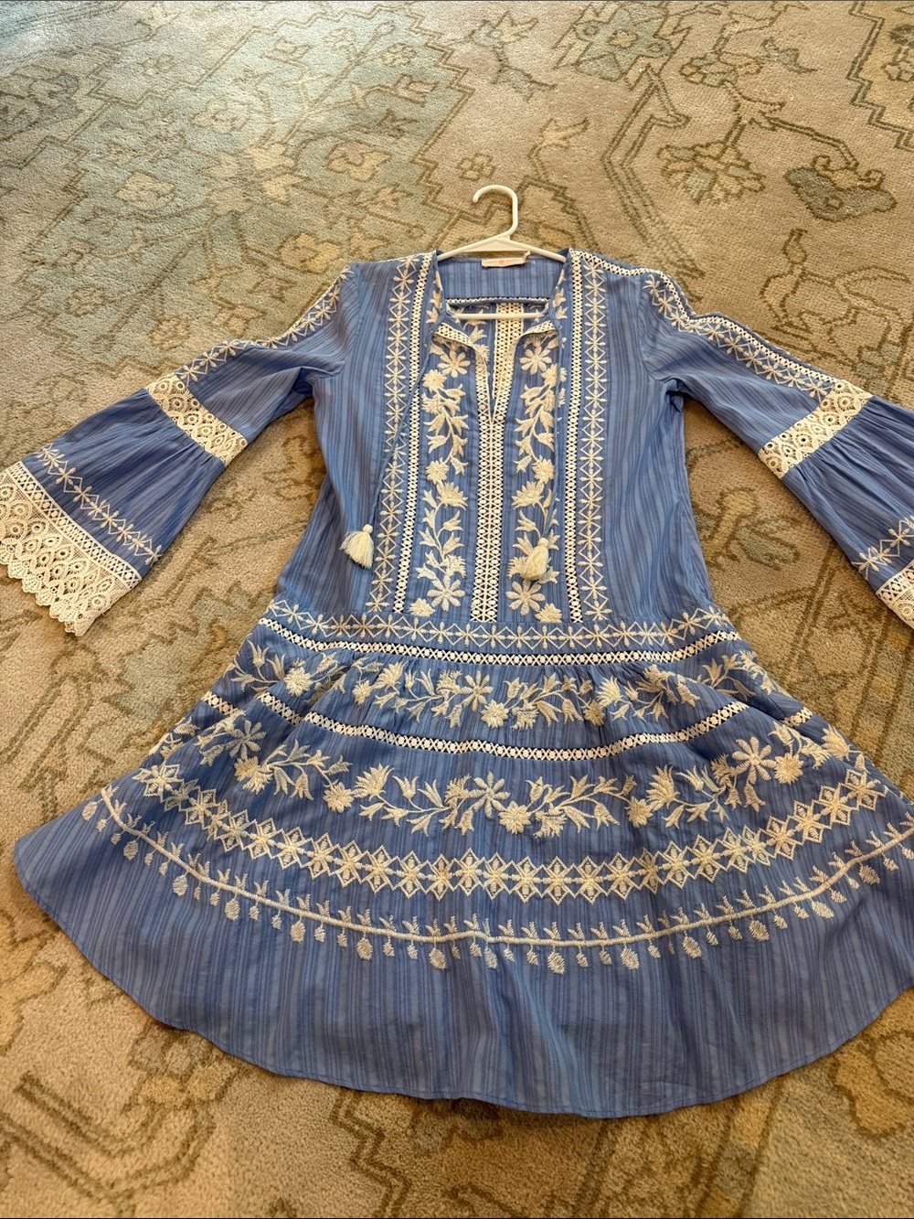 Tory Burch Blue Mini Dress with Cream Embroidery